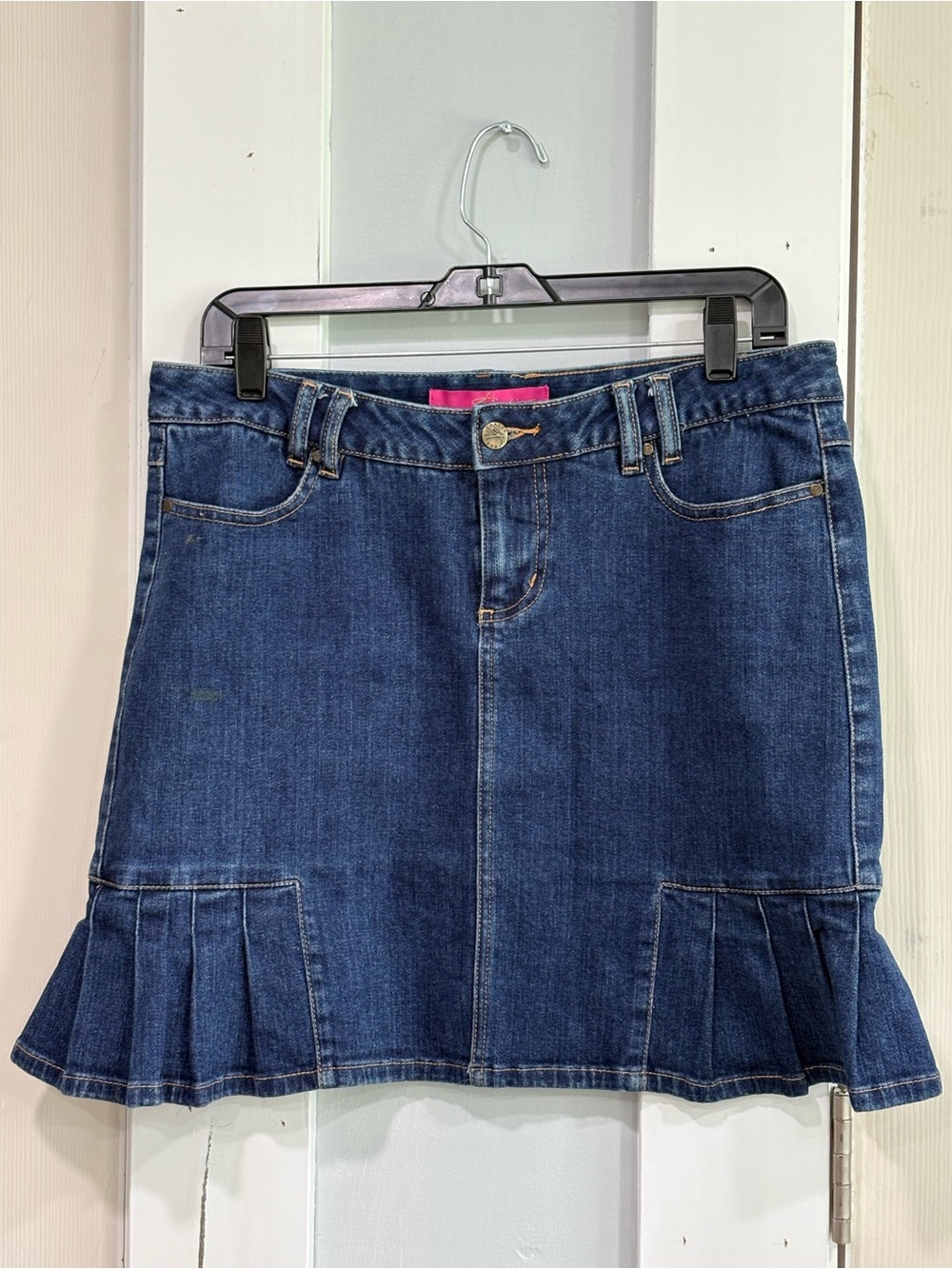 Thalia Sodi Denim Skirt Women’s 9/10 Blue Jean Pleated Ruffle Hem Stretch